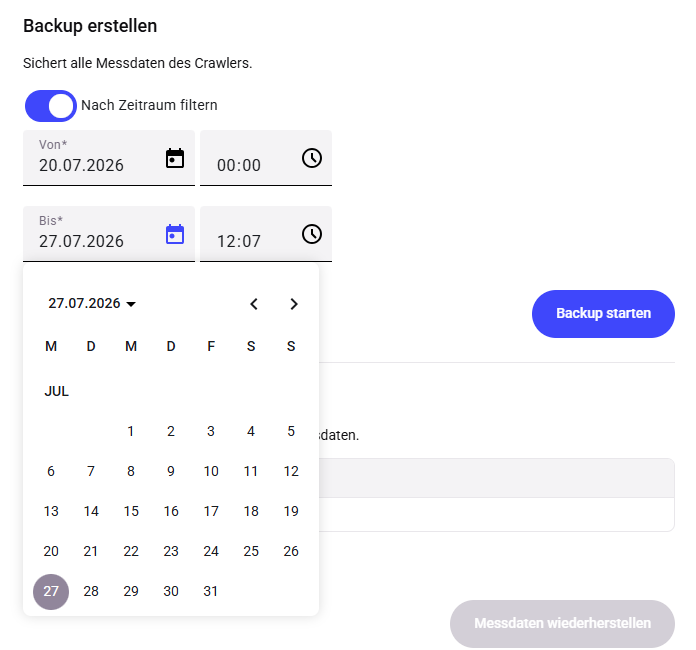 Create backup — time range filter with date picker