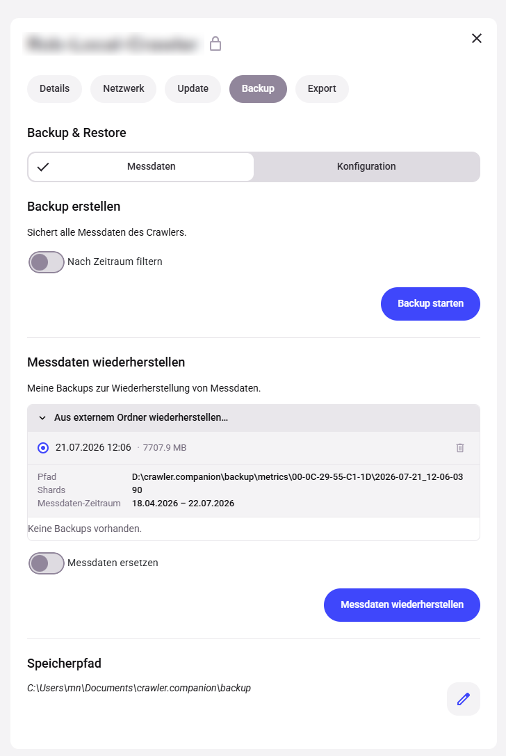Restore measurement data — backup entry selected