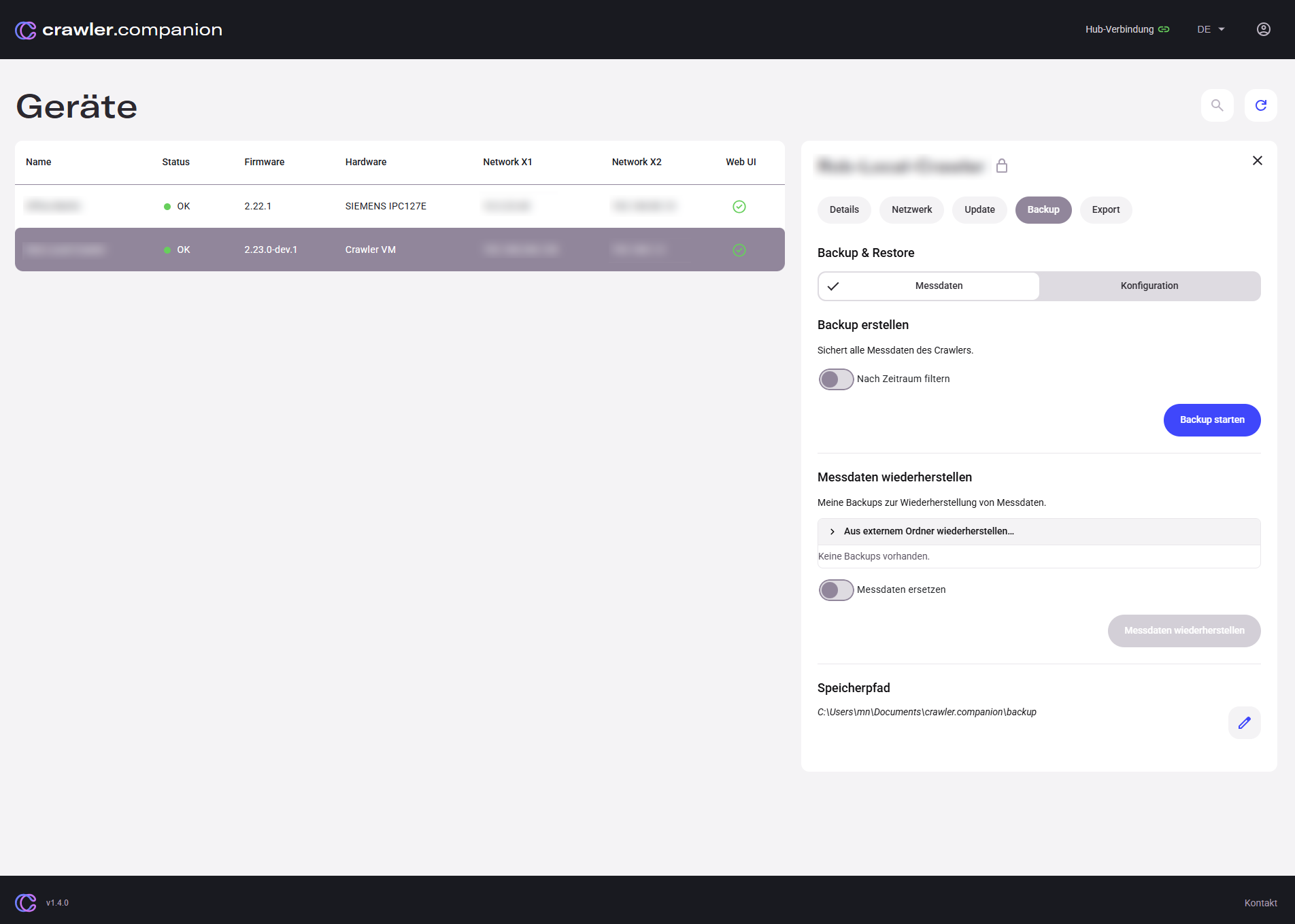 Crawler.Companion — Backup tab with Messdaten section