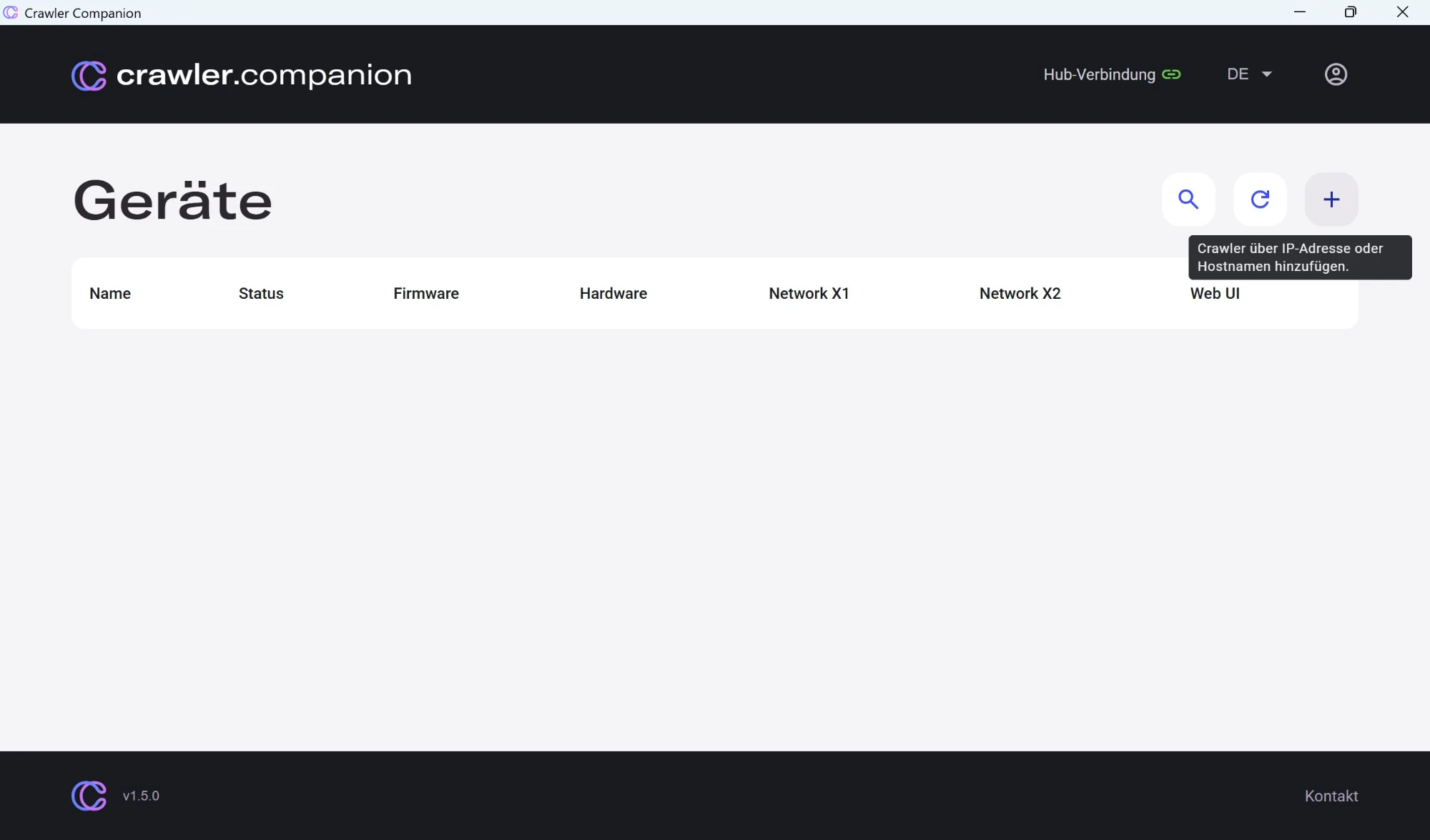 Device list with the + button tooltip visible