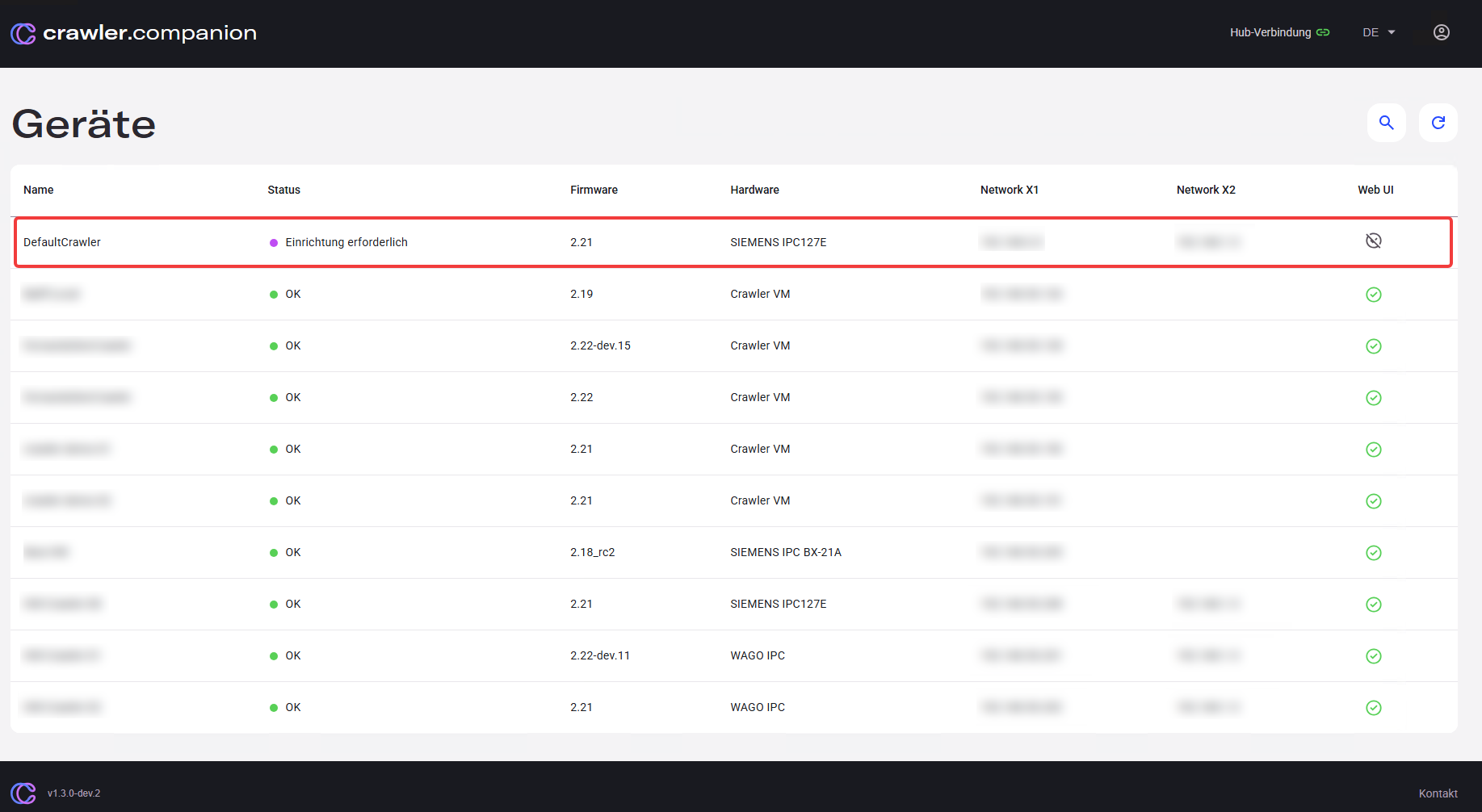 Device list showing a device with status Einrichtung erforderlich
