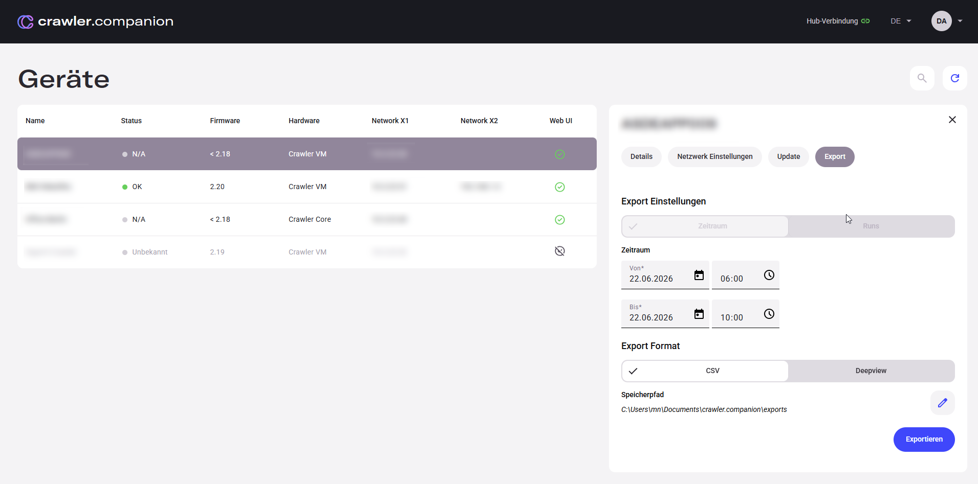 Crawler.Companion — Export tab