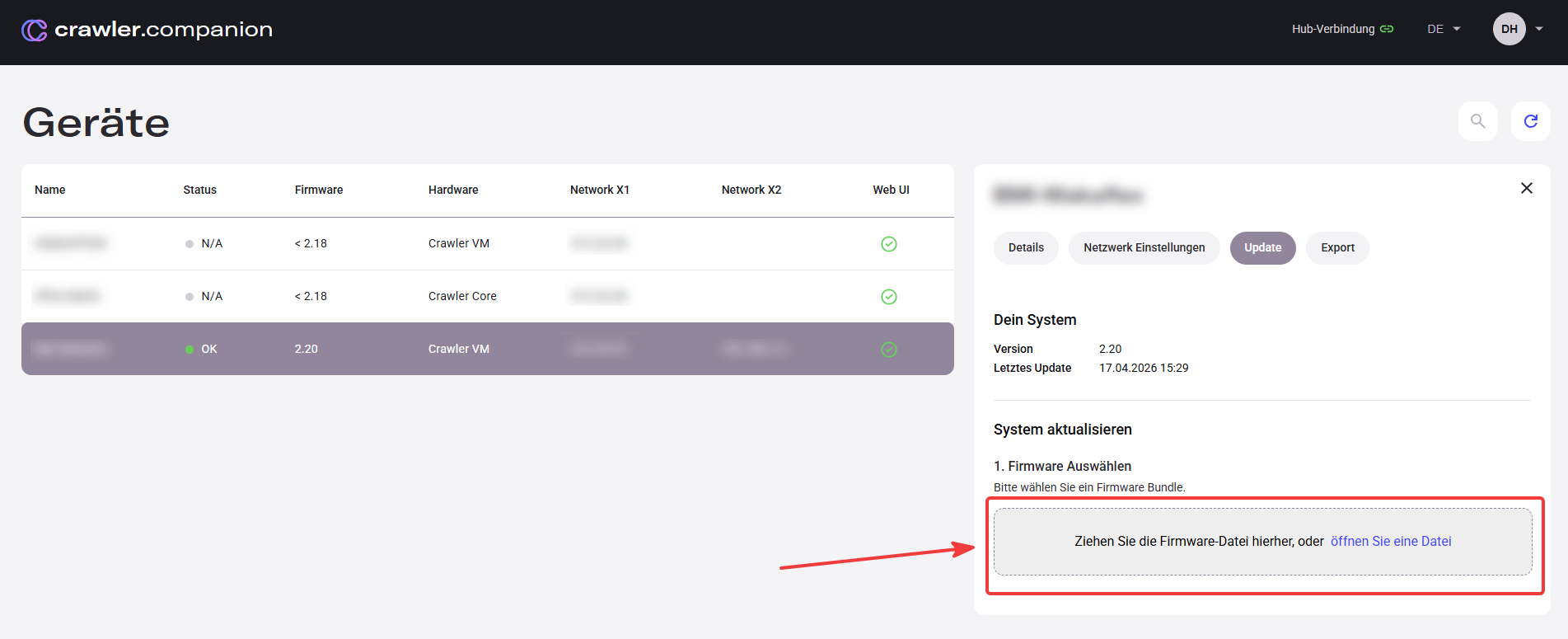 Companion Update tab showing firmware drop zone
