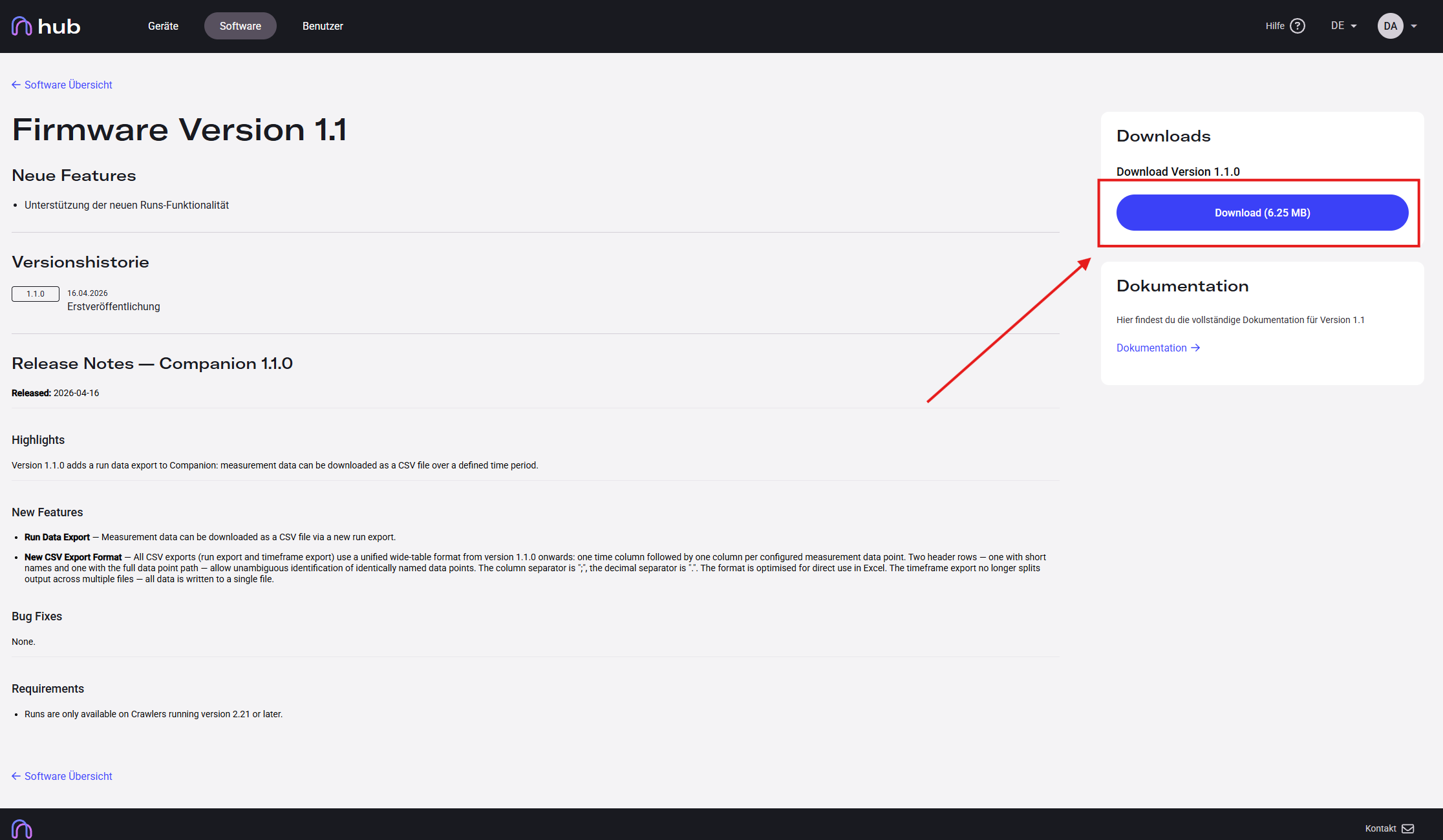 Download button on the version detail page
