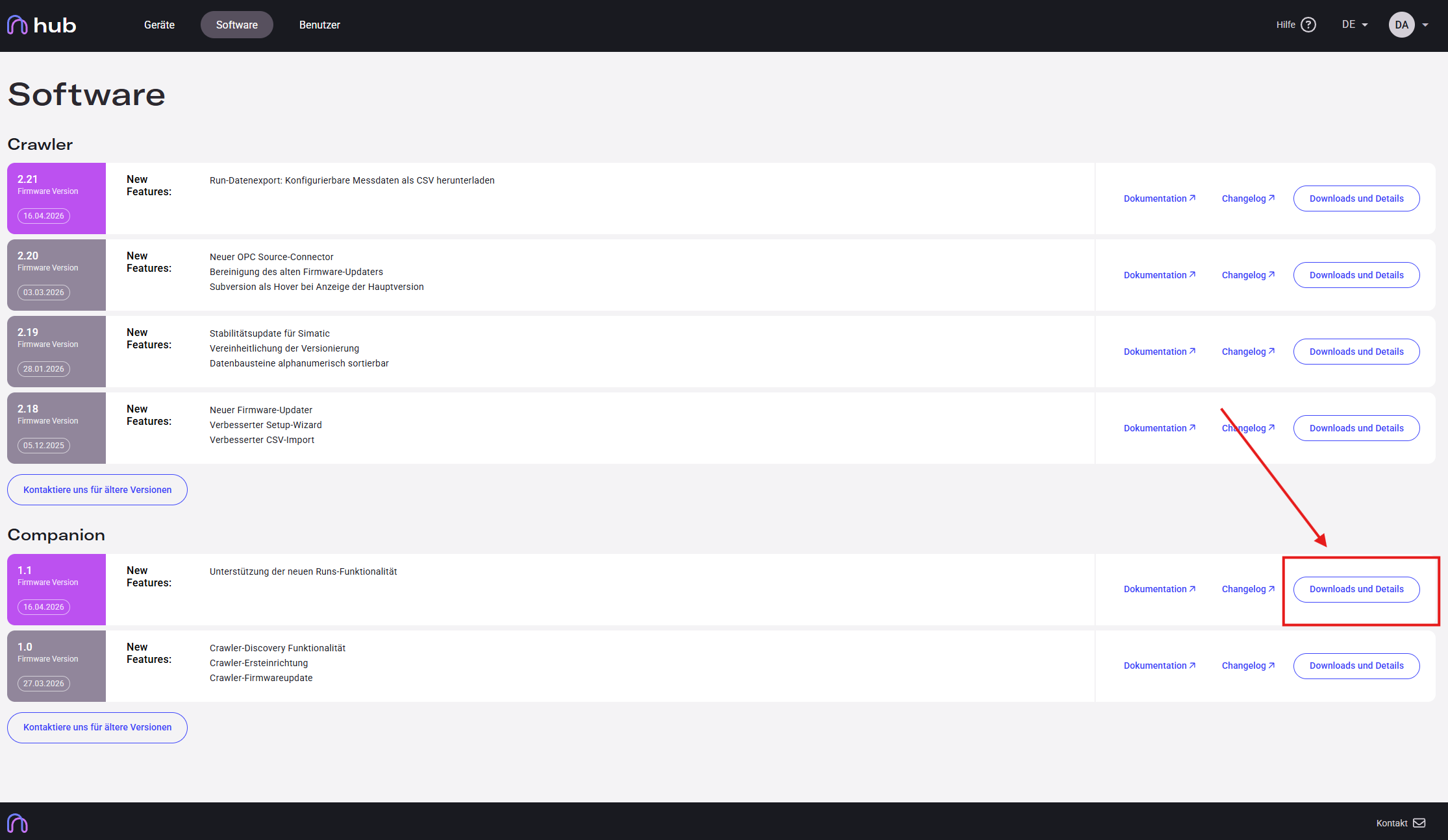 Hub Software page with Companion version