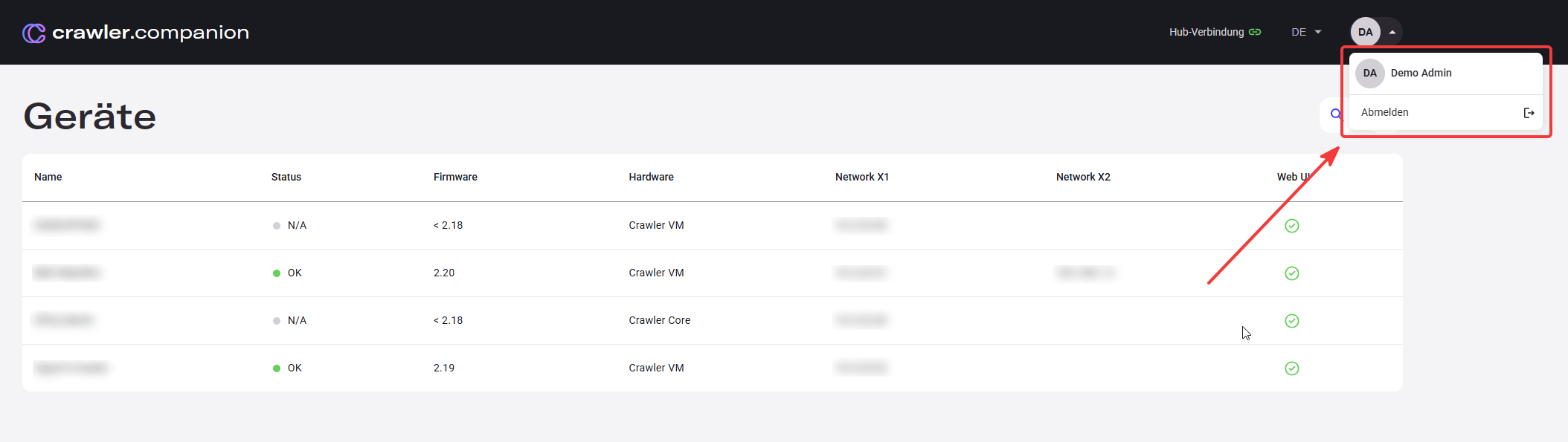 Account menu with Abmelden option
