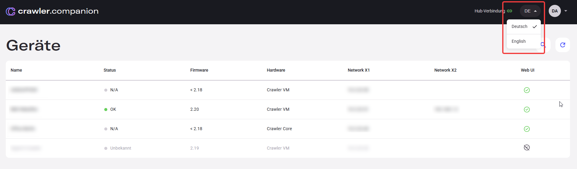 Language dropdown open showing available languages