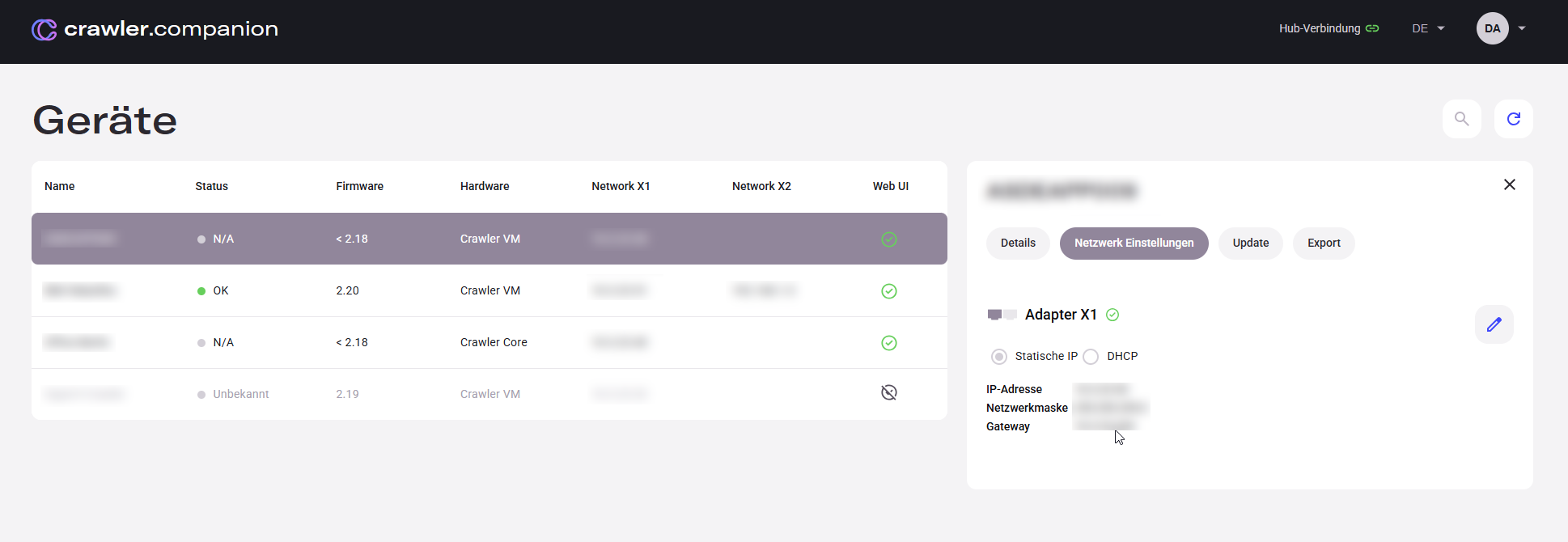 Companion network settings panel