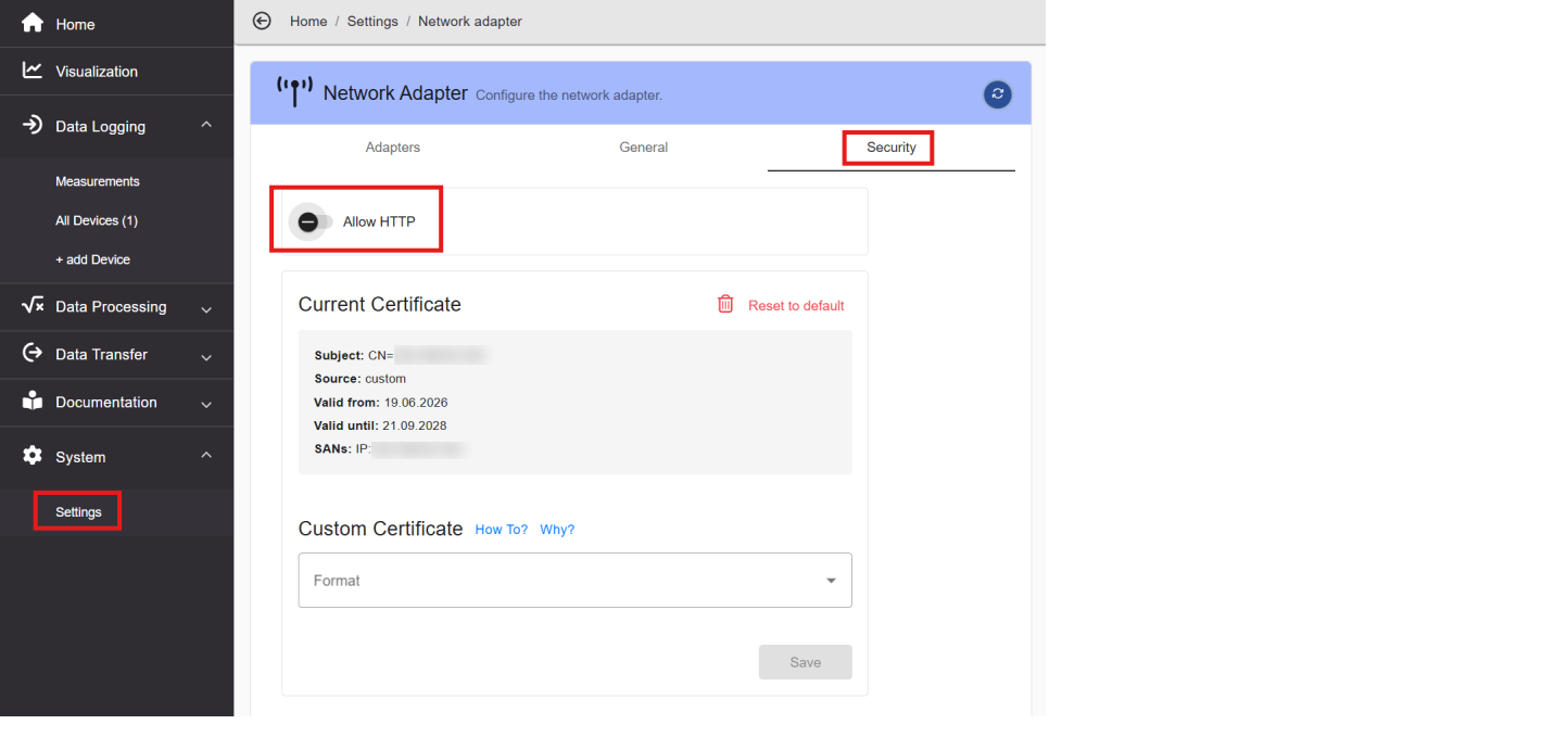 The Allow HTTP toggle in Settings, Network Adapter