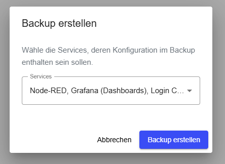 Create backup dialog — service selection
