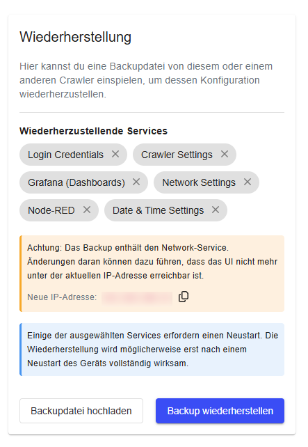 Restore — services and new IP address warning