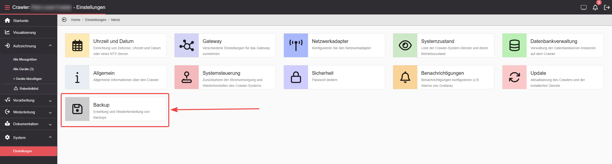 Edge Settings — Backup tile in the settings menu