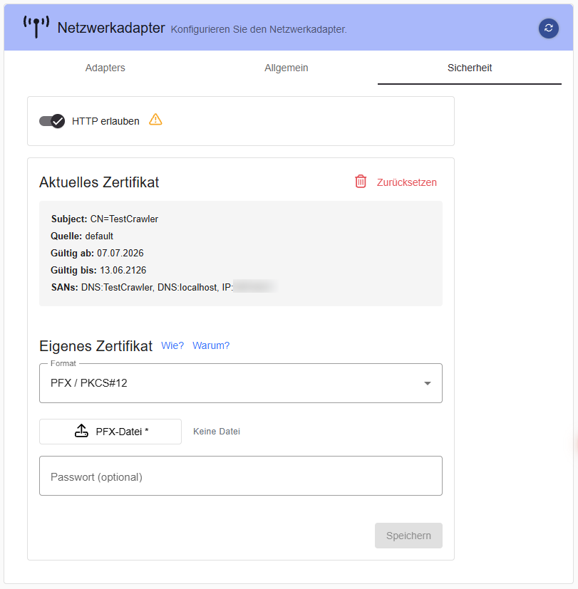 Security tab: current certificate info and custom certificate upload form
