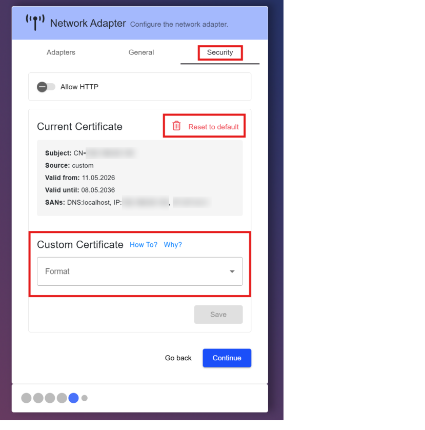 Certificate upload in the Setup Wizard's Network Adapter step