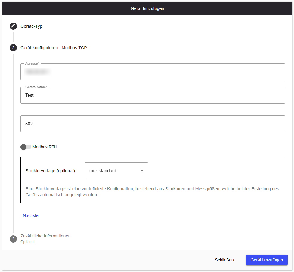 Modbus TCP configuration form