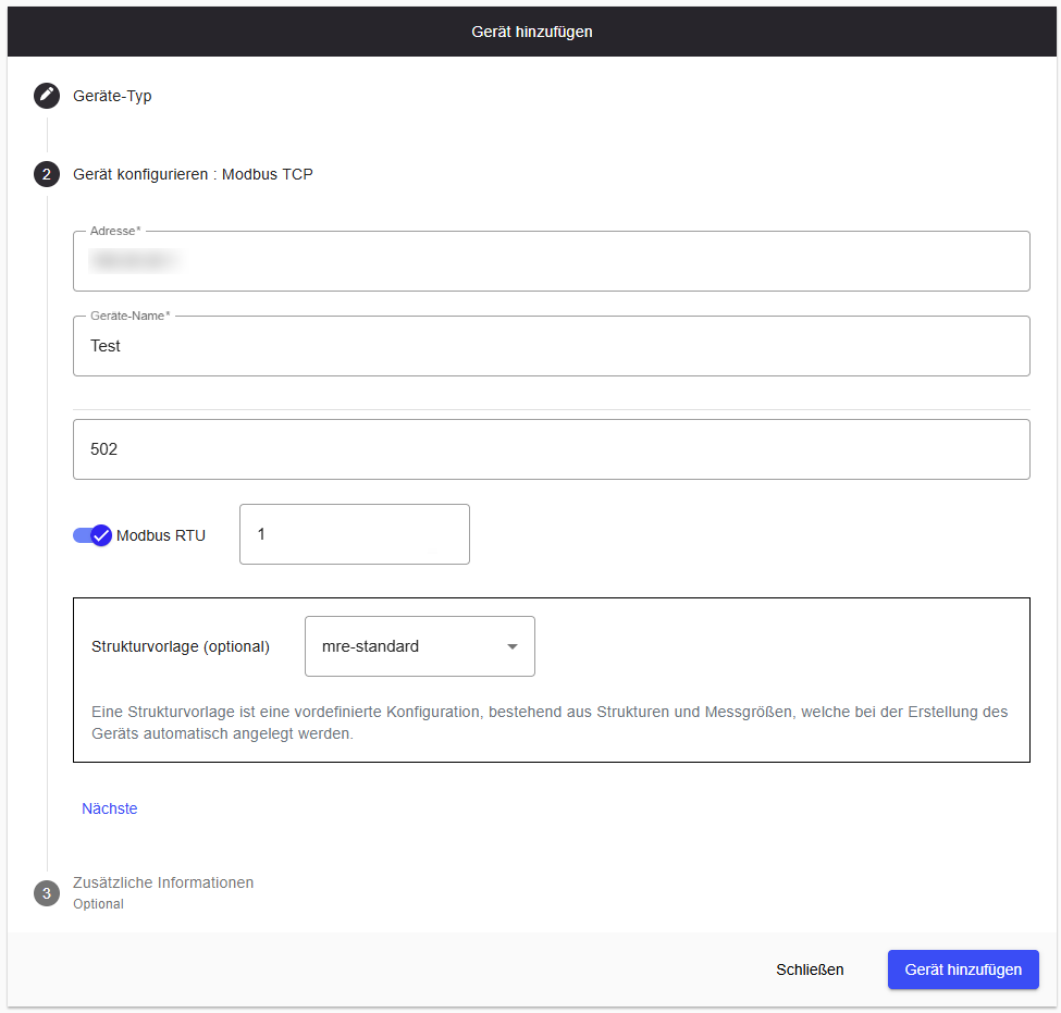 Modbus TCP configuration with RTU enabled and Slave ID field