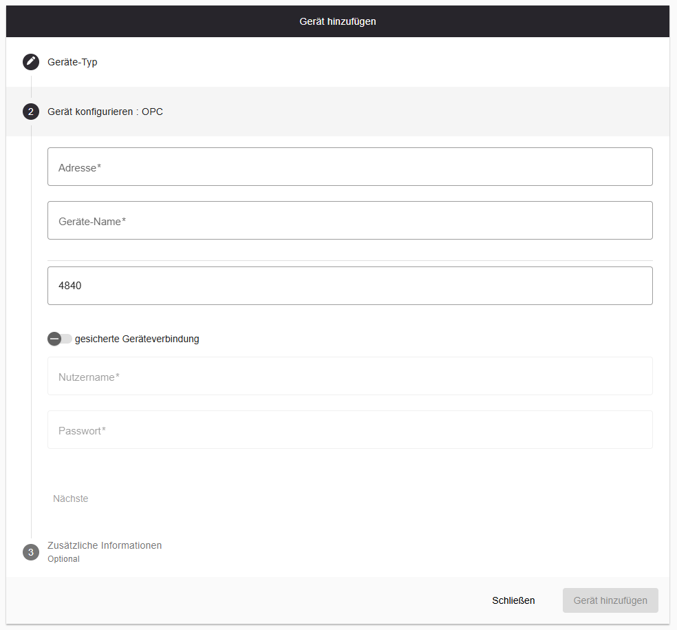 OPC configuration form with secured connection fields