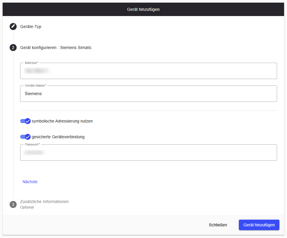 Siemens SIMATIC configuration form with symbolic addressing enabled