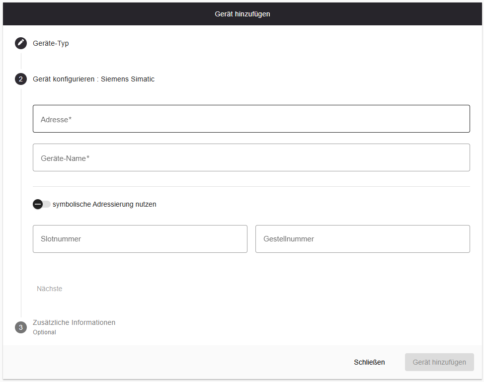 Siemens SIMATIC configuration form with absolute addressing — slot and rack number fields visible
