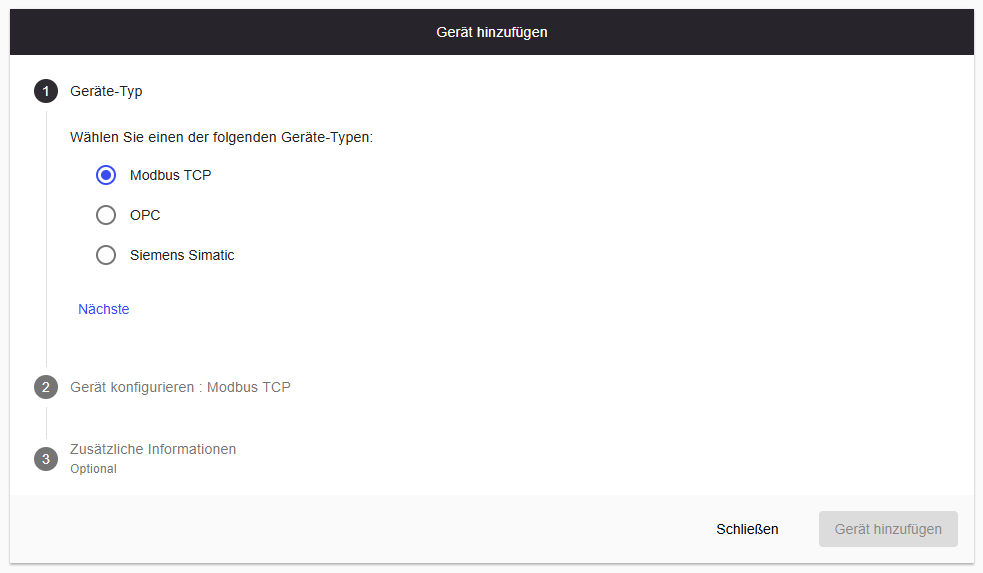 Device type selection — Modbus TCP