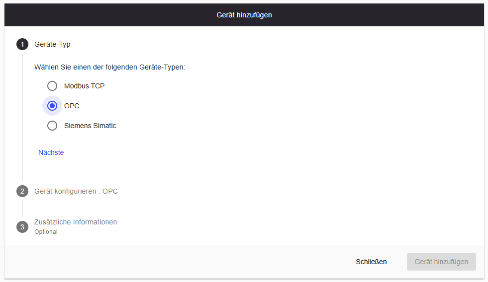 Device type selection — OPC