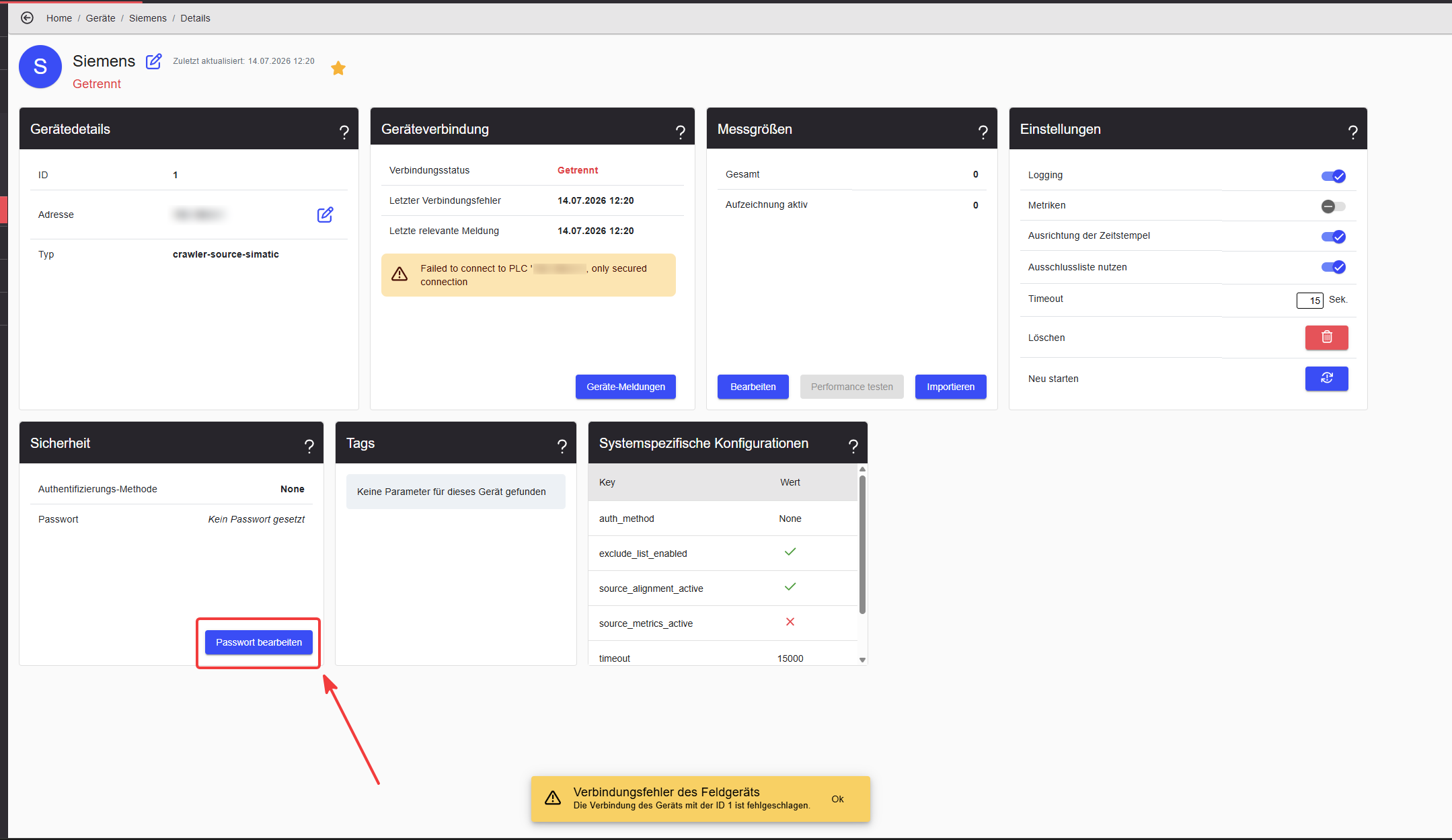 Device details page — Edit password button in the Security section