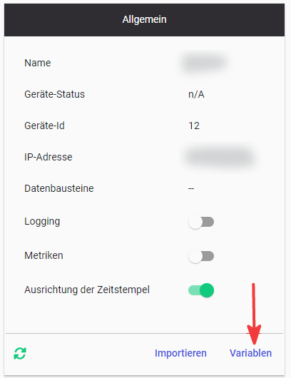 Variables link on device page