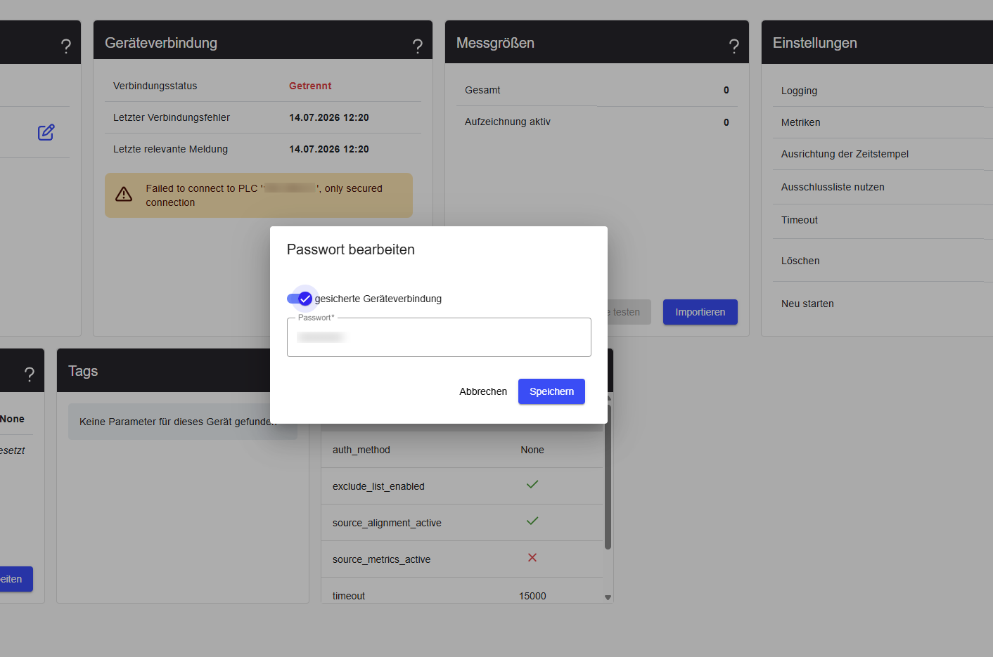 Edit password dialog with secured connection toggle and password field