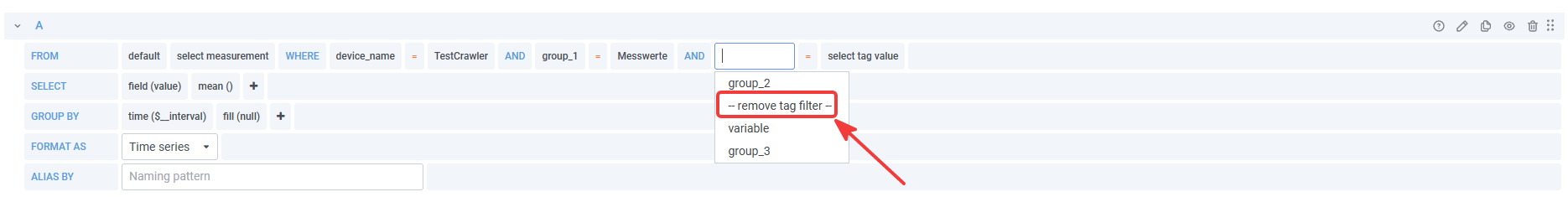 Removing a tag filter in the Grafana query editor