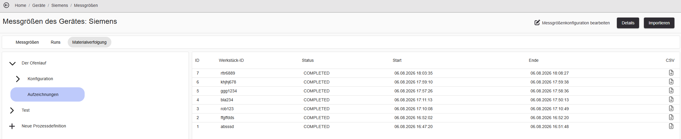 Material Tracking — recordings table