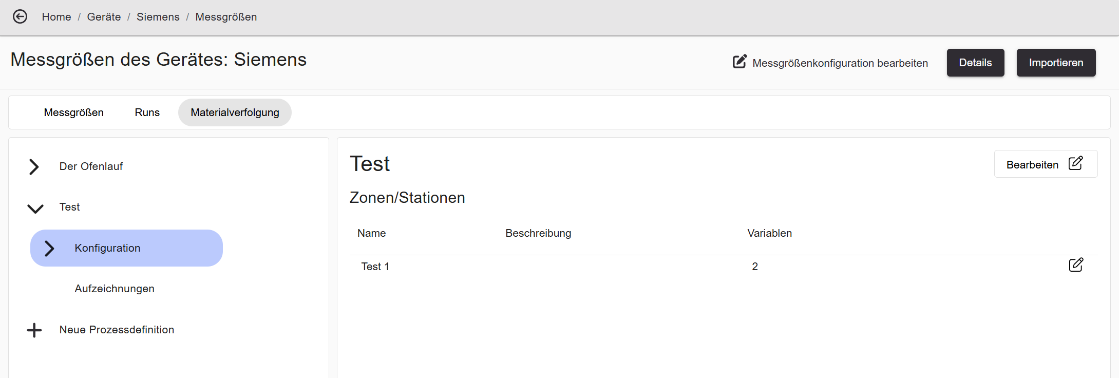 Material Tracking — configuration overview with zones/stations table