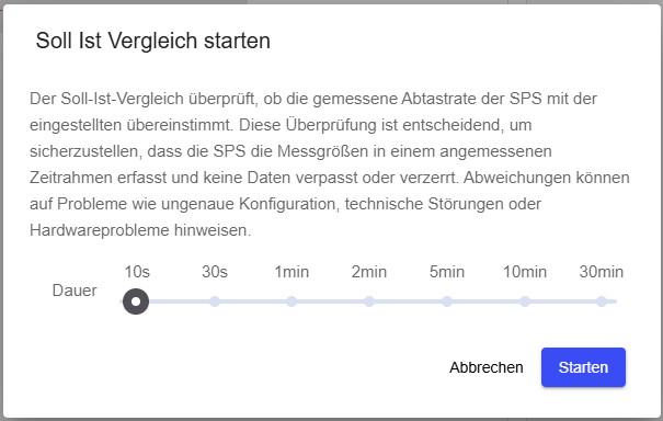 Setpoint-Actual Comparison start dialog with duration slider