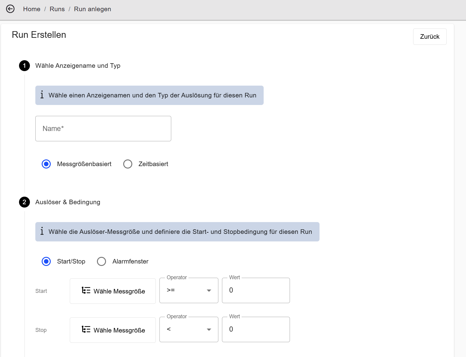 Create run — name, type, and trigger