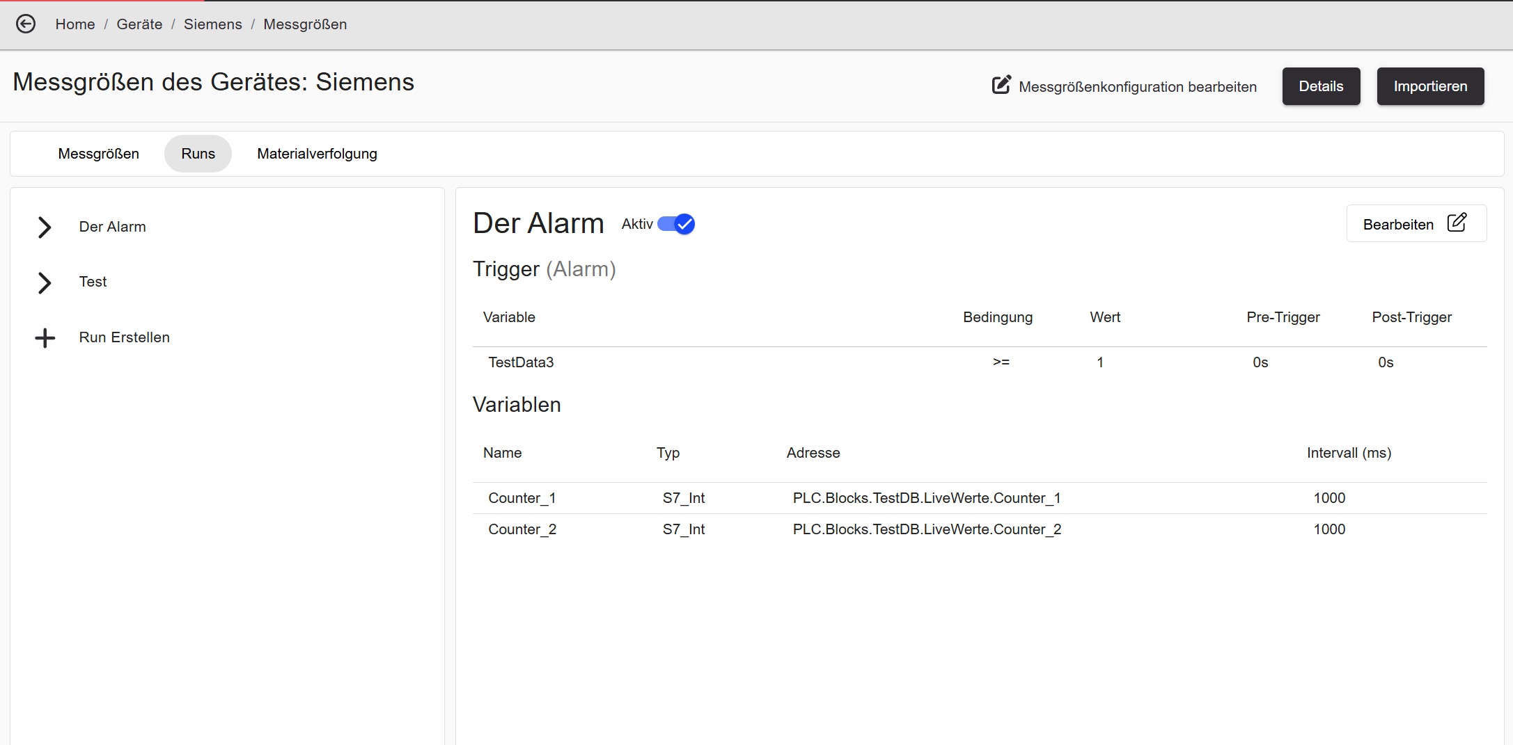 Run configuration — Trigger (alarm)