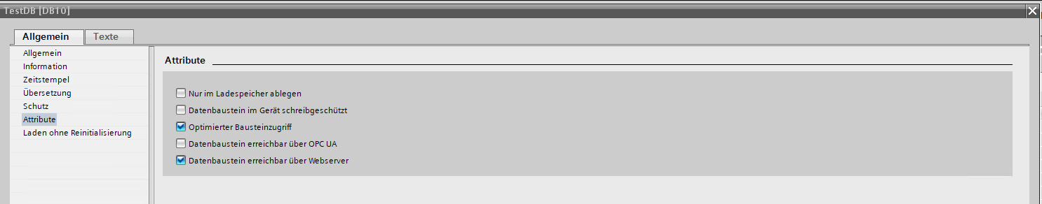 SIMATIC Manager — data block attributes with optimized block access enabled
