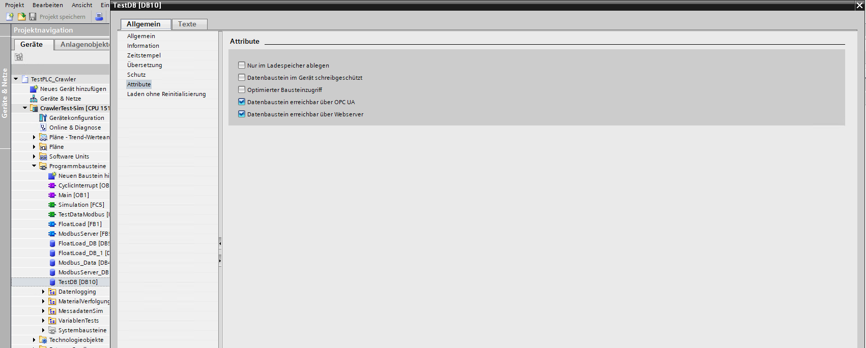 TIA Portal — data block attributes: Data block accessible via OPC UA enabled