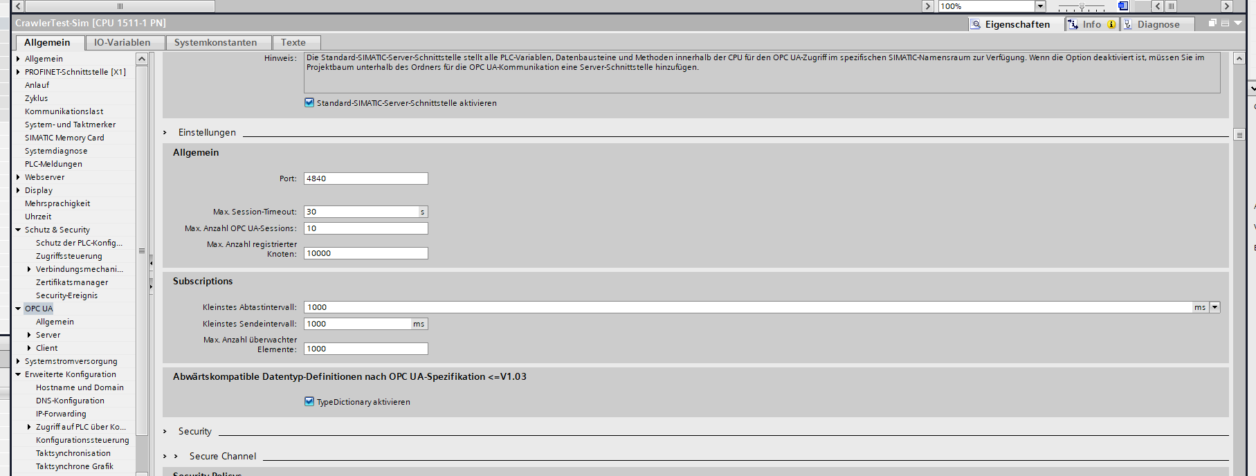 TIA Portal — OPC UA General: minimum sampling interval under Subscriptions