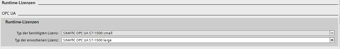 TIA Portal — OPC UA runtime license: required license type and acquired license shown