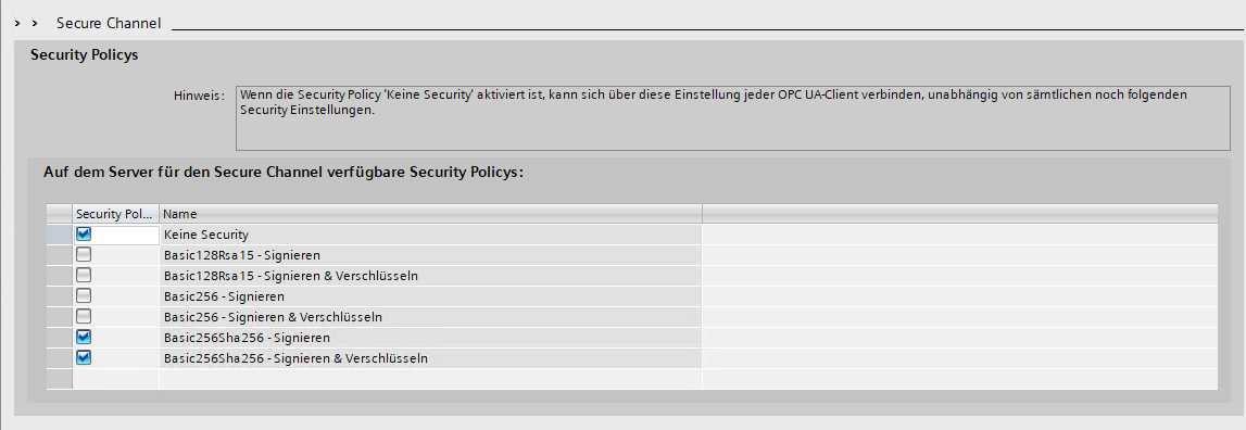 TIA Portal — OPC UA Secure Channel security policies
