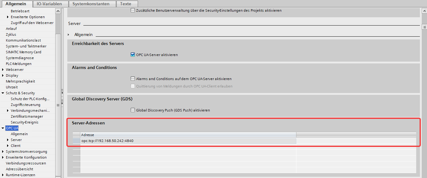 TIA Portal — OPC UA server settings with OPC UA server enabled and server address shown