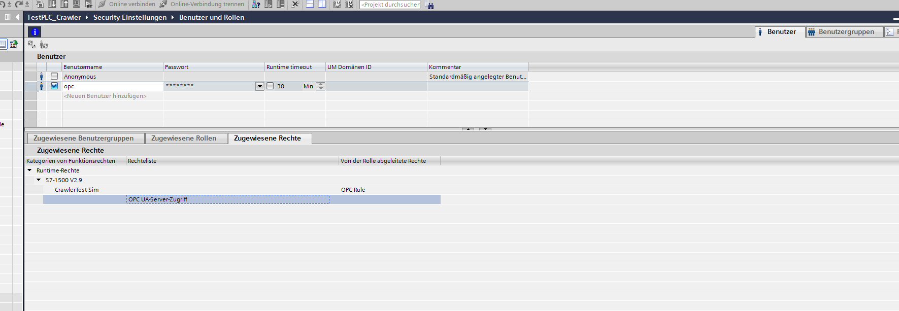 TIA Portal — Users and roles: assigned rights of OPC user showing OPC UA server access