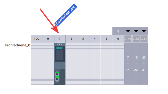 TIA Portal rack view — slot number indicated by arrow
