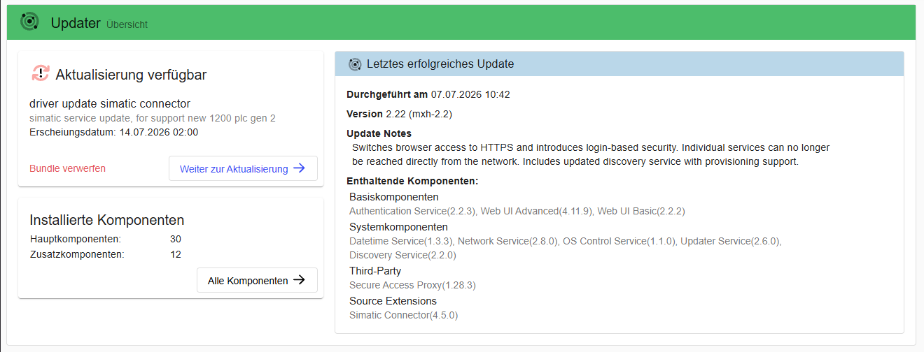 Update overview showing available update