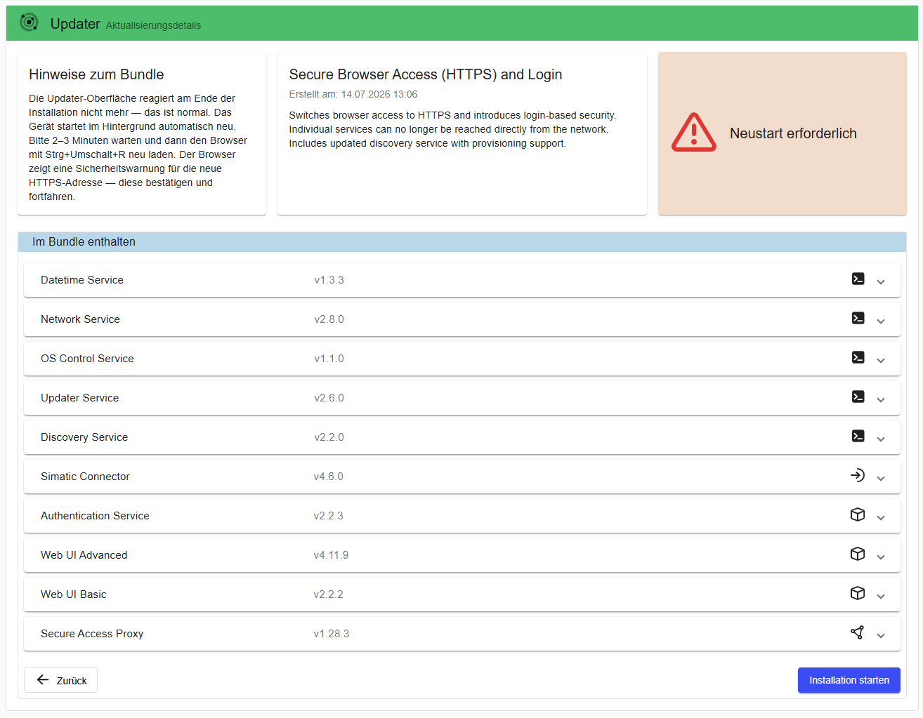 Update page showing restart required warning before installation