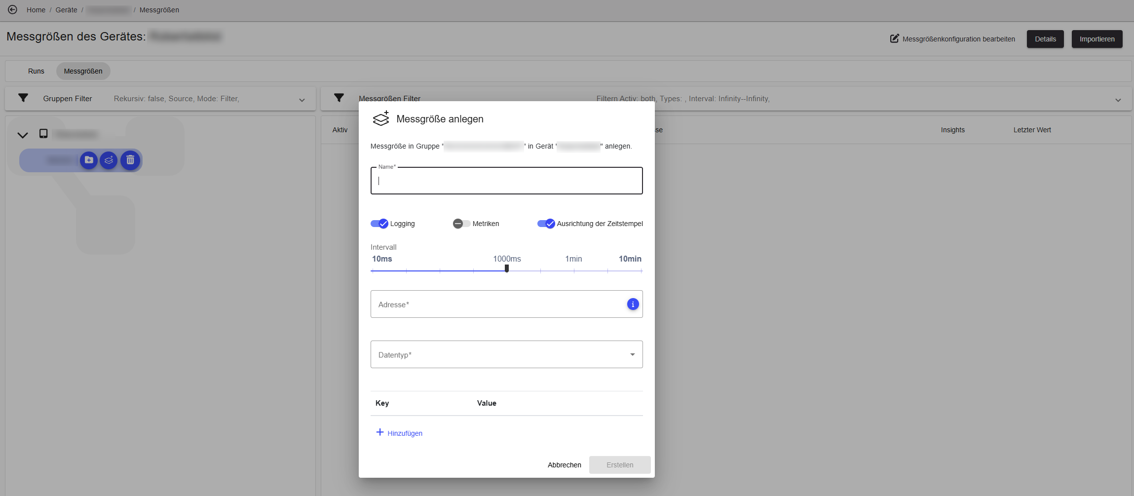Create measured variable dialog