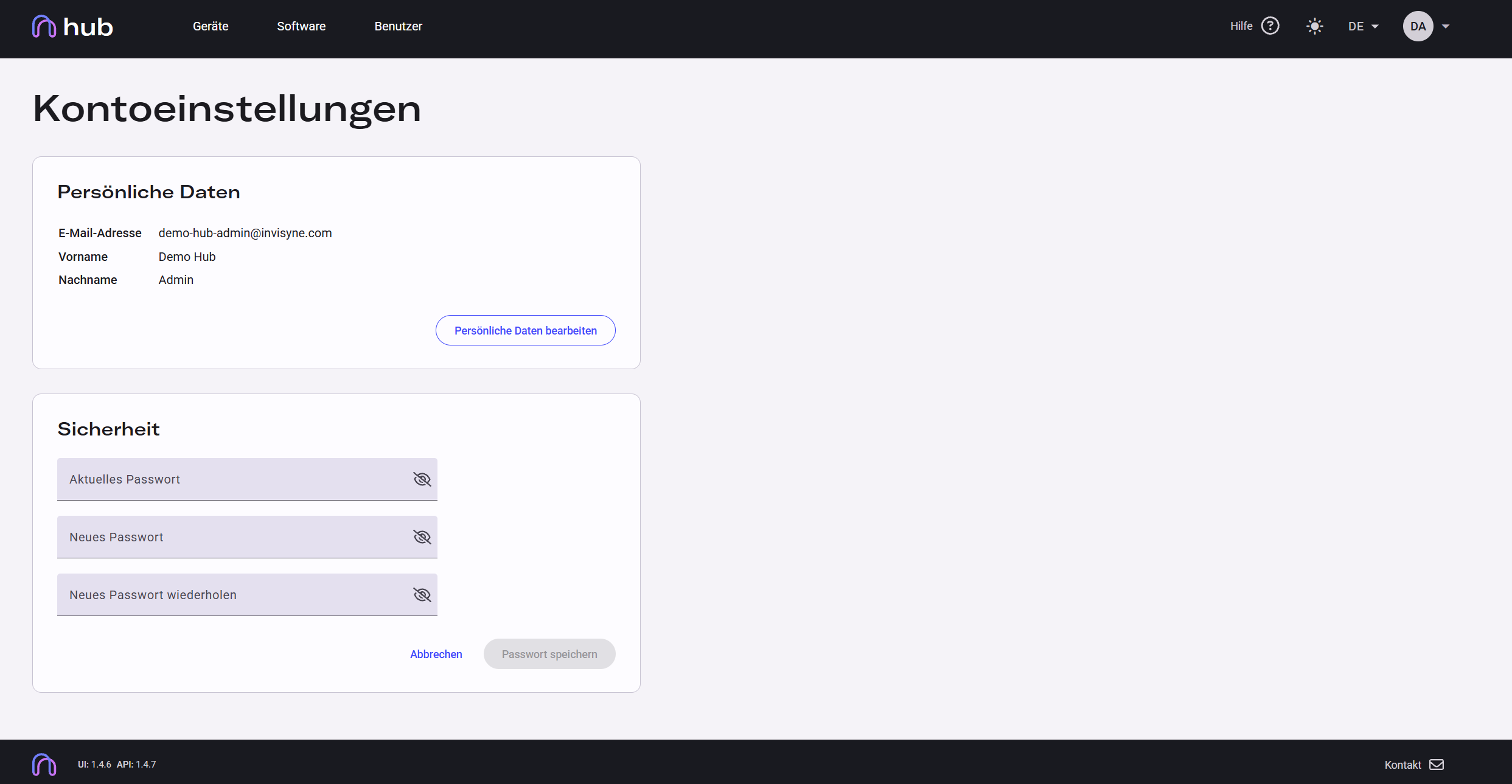 Hub security section with password change form open