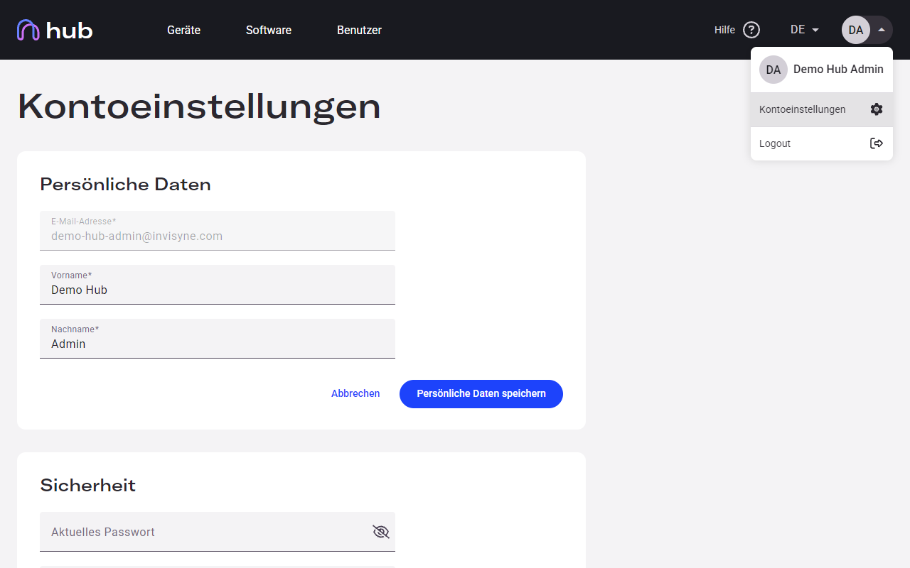 Hub user menu dropdown showing Account Settings and Logout options