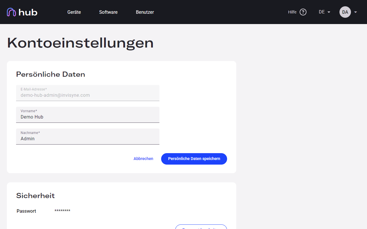 Hub personal data form in edit mode showing email, first name, and last name fields
