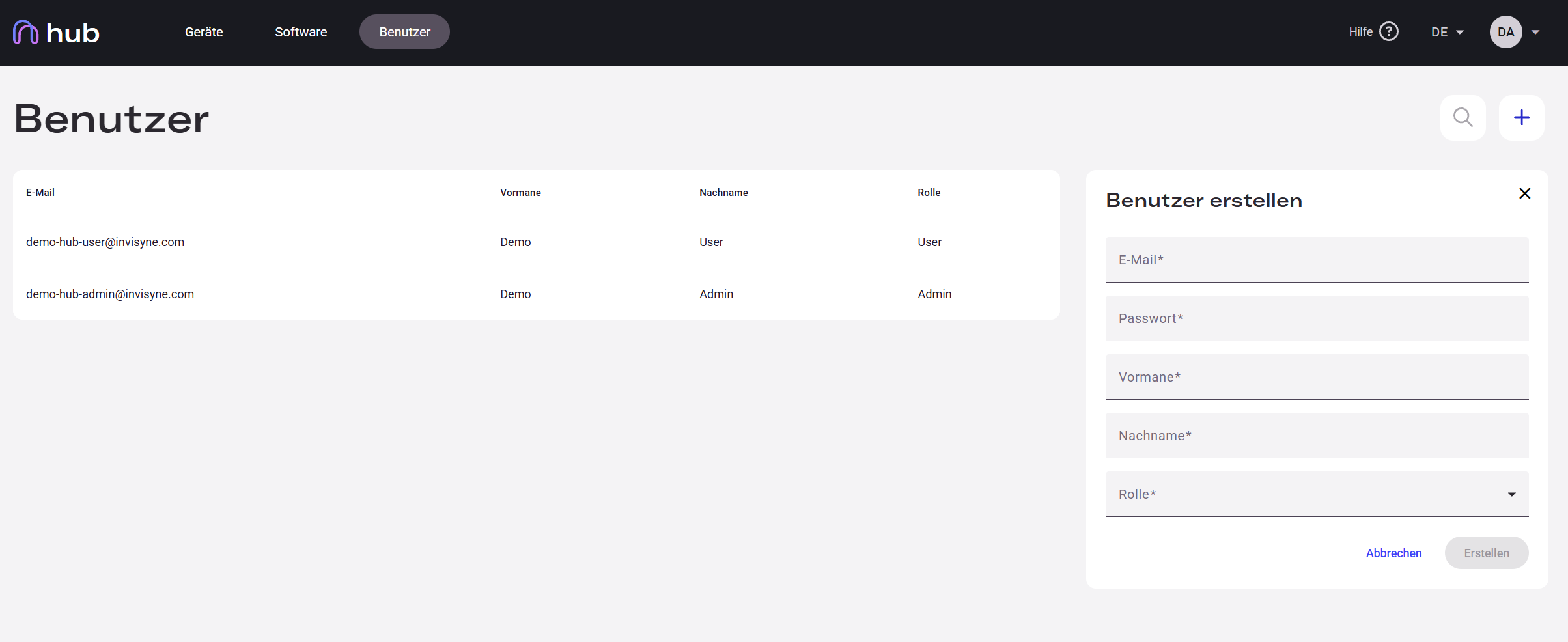 Hub create user dialog with email, password, name and role fields