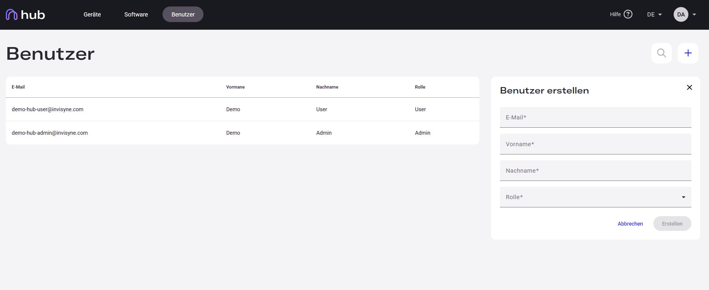 Hub create user dialog with email, name and role fields